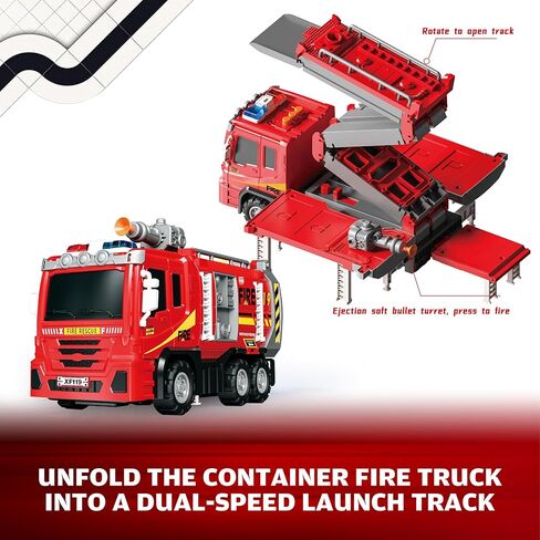 3in1 Fire Truck Toy with Foldable Race Track & 12 Diecast Race Cars Toys, Fire Trucks for Toddlers 3-5 with Lights & Sounds, Carrier Truck Car Kids Toy Gift for Age 3 4 5 6+ Year Old Boys Girls in Kuwait