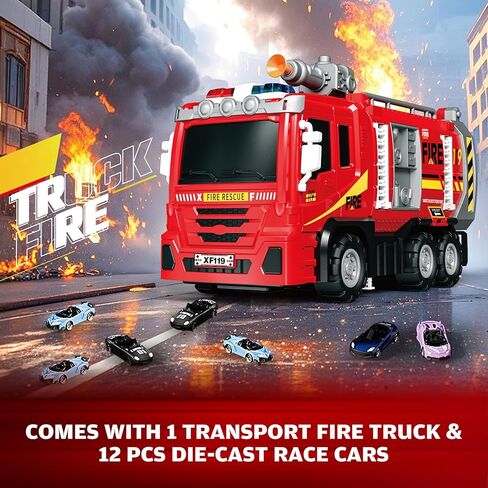 3in1 Fire Truck Toy with Foldable Race Track & 12 Diecast Race Cars Toys, Fire Trucks for Toddlers 3-5 with Lights & Sounds, Carrier Truck Car Kids Toy Gift for Age 3 4 5 6+ Year Old Boys Girls in Kuwait