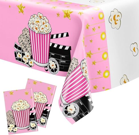 2 Pack Pink Movie Night Tablecloth Plastic Table Covers Theater Popcorn Table Cloth Disposable for Movie Night Film Festival Birthday Party Supplies Decorations 54 x 108 Inch in Saudi Arabia