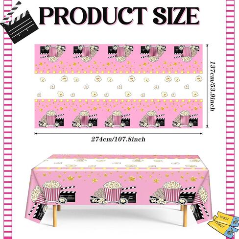 2 Pack Pink Movie Night Tablecloth Plastic Table Covers Theater Popcorn Table Cloth Disposable for Movie Night Film Festival Birthday Party Supplies Decorations 54 x 108 Inch in Saudi Arabia