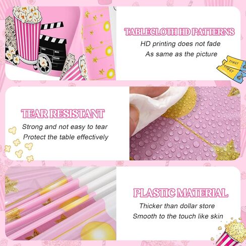 2 Pack Pink Movie Night Tablecloth Plastic Table Covers Theater Popcorn Table Cloth Disposable for Movie Night Film Festival Birthday Party Supplies Decorations 54 x 108 Inch in Saudi Arabia