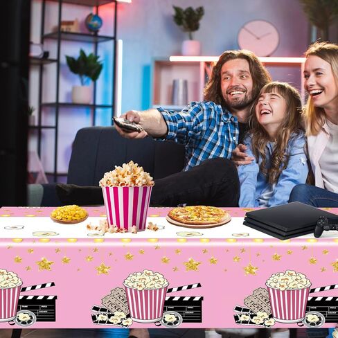 2 Pack Pink Movie Night Tablecloth Plastic Table Covers Theater Popcorn Table Cloth Disposable for Movie Night Film Festival Birthday Party Supplies Decorations 54 x 108 Inch in Saudi Arabia