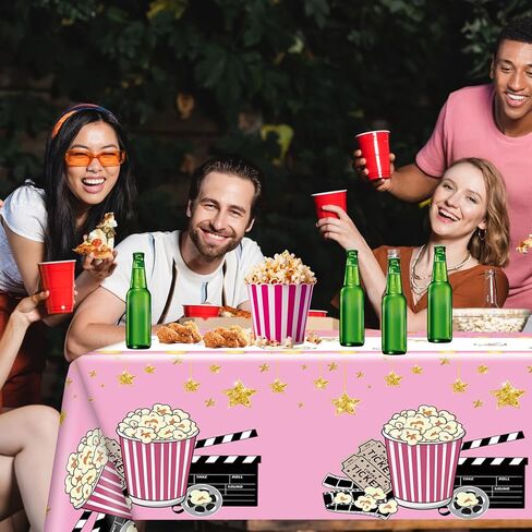 2 Pack Pink Movie Night Tablecloth Plastic Table Covers Theater Popcorn Table Cloth Disposable for Movie Night Film Festival Birthday Party Supplies Decorations 54 x 108 Inch in Saudi Arabia