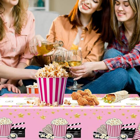 2 Pack Pink Movie Night Tablecloth Plastic Table Covers Theater Popcorn Table Cloth Disposable for Movie Night Film Festival Birthday Party Supplies Decorations 54 x 108 Inch in Saudi Arabia
