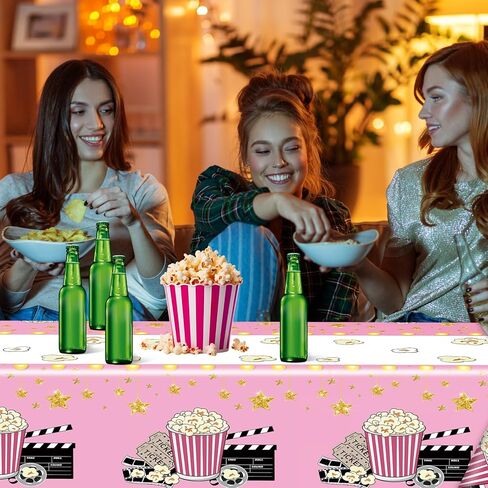 2 Pack Pink Movie Night Tablecloth Plastic Table Covers Theater Popcorn Table Cloth Disposable for Movie Night Film Festival Birthday Party Supplies Decorations 54 x 108 Inch in Saudi Arabia