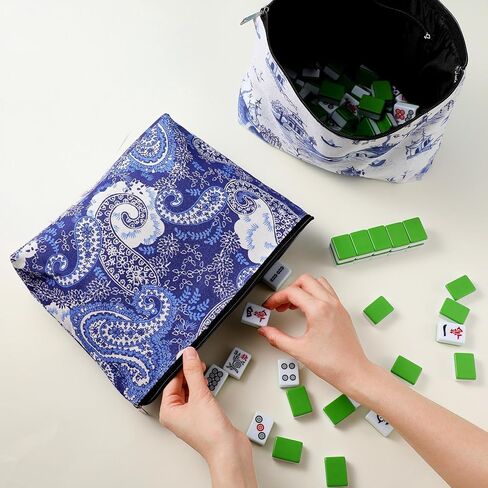 2 Pcs Empty American Mahjong Tile Bags White Blue Printed Thickened Soft Bags Suitable for 166 Standard Size American Mahjong Tiles and Accessories 13 x 3.2 x 7.8 Inch Cases Only in Saudi Arabia