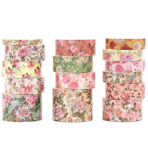 Floral Washi Tape Set - 15 Rolls Flowers Arts Adhesive Tapes Garden Blooms Decorative Masking Tape Sets for Craft, Kids, Scrapbook, DIY, Gift Wrloapping (4-Rose Charm) in Saudi Arabia