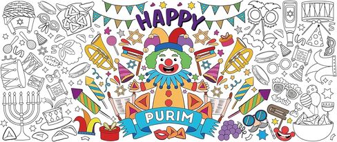 Jumbo Purim Coloring Poster for Kids - Huge Happy Purim Blank Paper Banner Large Coloring Table Cover for Classroom Home Jewish Carnival Holiday Party DIY Art Craft Activity Supplies Favor 55 x 23.6 in Saudi Arabia
