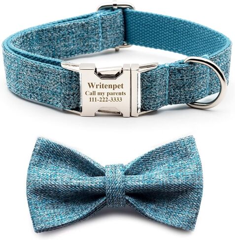 Custom Dog Collar with Bowtie, Personalized Engraving ID Tag with Name Plate Phone Number Address, Adjustable Sizes for Small Medium Large Dogs, Matching Leash Optional (Sky Blue Suit) in Saudi Arabia