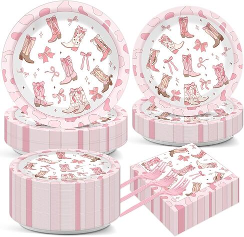 200Pcs Coquette Bow Cowgirl Boots Party Supplies Western Cowgirl Plates and Napkins Disposable Pink Bowknot Rodeo Tableware Bachelorette for Girls Set Decorations Supplies Baby Shower Serve 50 in Saudi Arabia