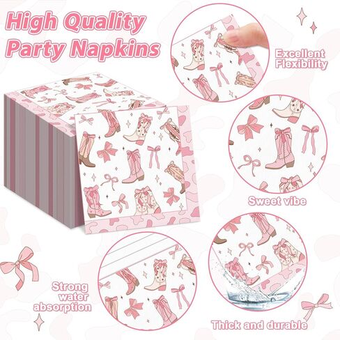 200Pcs Coquette Bow Cowgirl Boots Party Supplies Western Cowgirl Plates and Napkins Disposable Pink Bowknot Rodeo Tableware Bachelorette for Girls Set Decorations Supplies Baby Shower Serve 50 in Saudi Arabia