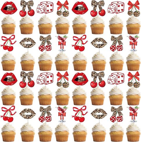 الفهد طباعة زينة عيد ميلاد - 32 جهاز كمبيوتر شخصى الأحمر الفهد الكرز كب كيك مجموعة مع الشفاه كعكة كب كيك الحلوى ديكور الحلو خمر لوازم الحفلات للنساء الفتيات ليلة العازبة in Kuwait