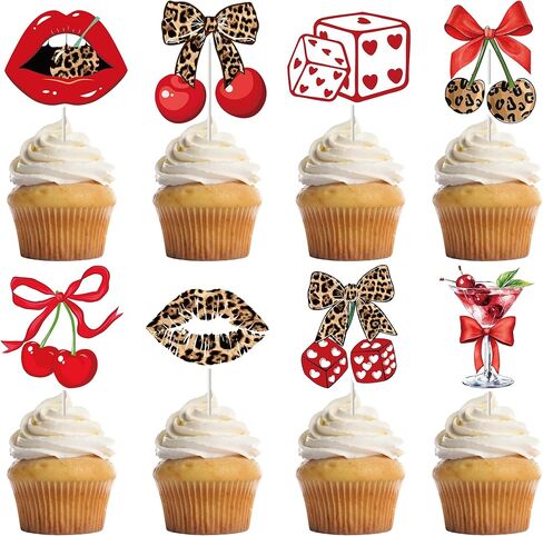 الفهد طباعة زينة عيد ميلاد - 32 جهاز كمبيوتر شخصى الأحمر الفهد الكرز كب كيك مجموعة مع الشفاه كعكة كب كيك الحلوى ديكور الحلو خمر لوازم الحفلات للنساء الفتيات ليلة العازبة in Kuwait