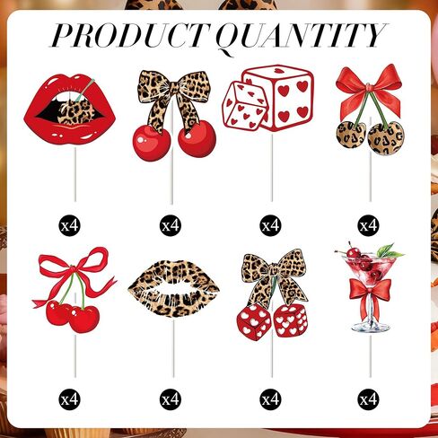 الفهد طباعة زينة عيد ميلاد - 32 جهاز كمبيوتر شخصى الأحمر الفهد الكرز كب كيك مجموعة مع الشفاه كعكة كب كيك الحلوى ديكور الحلو خمر لوازم الحفلات للنساء الفتيات ليلة العازبة in Kuwait