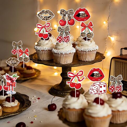 الفهد طباعة زينة عيد ميلاد - 32 جهاز كمبيوتر شخصى الأحمر الفهد الكرز كب كيك مجموعة مع الشفاه كعكة كب كيك الحلوى ديكور الحلو خمر لوازم الحفلات للنساء الفتيات ليلة العازبة in Kuwait