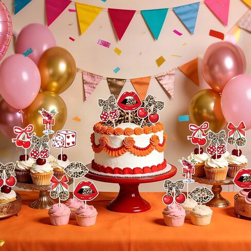 الفهد طباعة زينة عيد ميلاد - 32 جهاز كمبيوتر شخصى الأحمر الفهد الكرز كب كيك مجموعة مع الشفاه كعكة كب كيك الحلوى ديكور الحلو خمر لوازم الحفلات للنساء الفتيات ليلة العازبة in Kuwait
