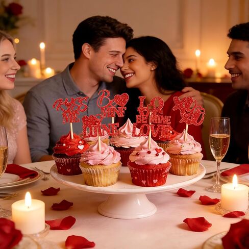 24 قطعة من أغطية الكب كيك لعيد الحب، أعواد كب كيك لامعة على شكل قلب أحمر، ديكورات كعكة الحفلات الحلوة لعيد الحب وحفلات الزفاف والمقترحات in Kuwait