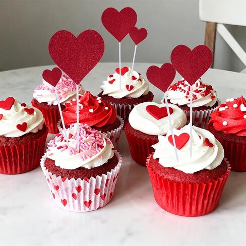 Sucrain 35Pcs Glitter Heart Cupcake Toppers, Glitter Sweet Red Heart Cupcake Pick Decorations Valentine's Day Cake Decorations for Wedding Engagement Bridal Shower Birthday Party Cake Decorations in Saudi Arabia