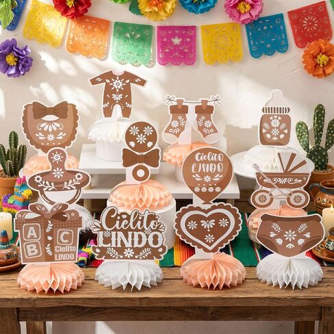 Eaasty 12 Pcs Cielito Lindo Baby Shower Party Decorations Brown Centerpieces for Table Mexican Fiesta Talavera Honeycomb Table Decor for Baby Shower Gender Reveal Party Supplies in Saudi Arabia