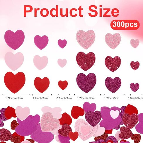 Heart Foam Stickers, 300Pcs Valentine's Day Glitter Heart Stickers, Self Adhesive Foam Sticker Decals for Arts Craft DIY Greeting Card Envelopes Wedding Home Valentines Party Favors Decorations in Saudi Arabia