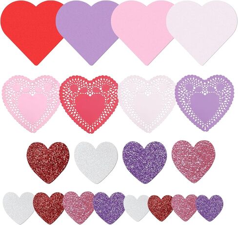 200 Pcs Valentines Day Crafts Set with Heart Doilies, Glitter and Matte Foam Heart Shaped Red White Pink Purple Stickers, Tableware Decoration Kids Gifts Decor Crafts in Saudi Arabia