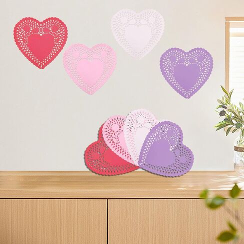 200 Pcs Valentines Day Crafts Set with Heart Doilies, Glitter and Matte Foam Heart Shaped Red White Pink Purple Stickers, Tableware Decoration Kids Gifts Decor Crafts in Saudi Arabia