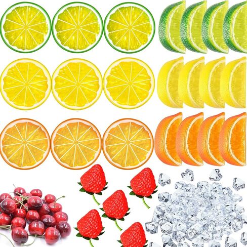 83 Pcs Fake Fruits Ice Cube Set, Artificial Lemon Block Slice Simulation Cherries Strawberry Ice for Home Kitchen Decoration Wedding Vase Filler (Ice Strawberry Cherry Lemon) in Saudi Arabia