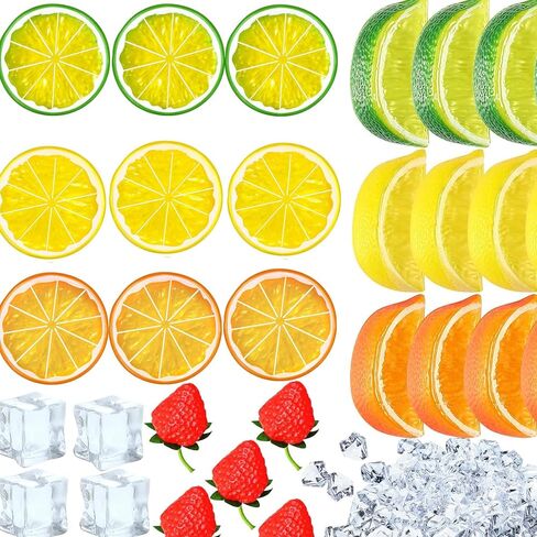 83 Pcs Fake Fruits Ice Cube Set, Artificial Lemon Block Slice Simulation Cherries Strawberry Ice for Home Kitchen Decoration Wedding Vase Filler (Ice Strawberry Cherry Lemon) in Saudi Arabia