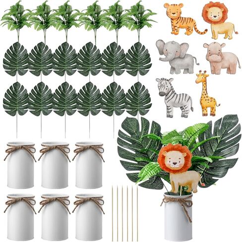 Amyhill 6 Sets Jungle Baby Shower Centerpieces Safari Baby Shower Centerpieces for Table Jungle Wild One Party Decoration with Artificial Forest Palm Leaf Toppers for 1st Birthday in Saudi Arabia
