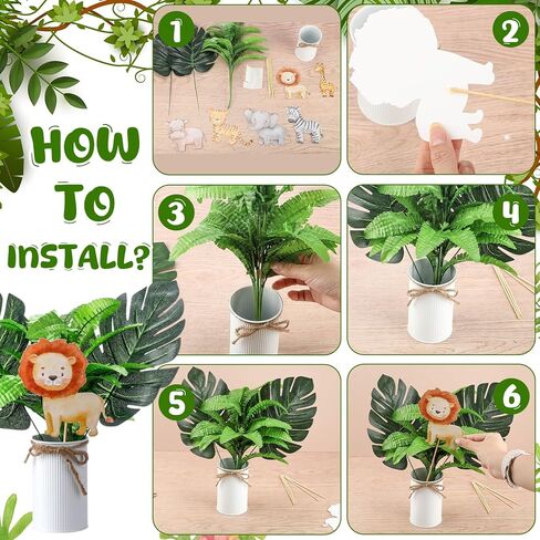 Amyhill 6 Sets Jungle Baby Shower Centerpieces Safari Baby Shower Centerpieces for Table Jungle Wild One Party Decoration with Artificial Forest Palm Leaf Toppers for 1st Birthday in Saudi Arabia