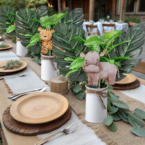 Amyhill 6 Sets Jungle Baby Shower Centerpieces Safari Baby Shower Centerpieces for Table Jungle Wild One Party Decoration with Artificial Forest Palm Leaf Toppers for 1st Birthday in Saudi Arabia