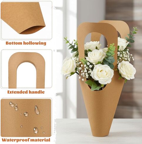 Yuanan 50 PCS Kraft Paper Flowers Gift Bags, Flower Bouquet Holder Flower Bags for Bouquets with Handle for Weddings, Graduation Ceremonies, Valentine's Day, Thanksgiving and Florist Decorations in Saudi Arabia