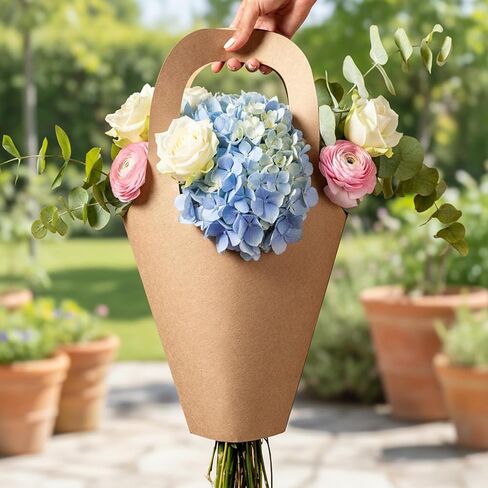 Yuanan 50 PCS Kraft Paper Flowers Gift Bags, Flower Bouquet Holder Flower Bags for Bouquets with Handle for Weddings, Graduation Ceremonies, Valentine's Day, Thanksgiving and Florist Decorations in Saudi Arabia