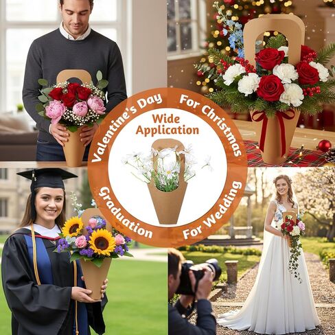 Yuanan 50 PCS Kraft Paper Flowers Gift Bags, Flower Bouquet Holder Flower Bags for Bouquets with Handle for Weddings, Graduation Ceremonies, Valentine's Day, Thanksgiving and Florist Decorations in Saudi Arabia