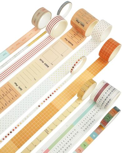 EORTA 10 Rolls Retro Calendar Washi Tapes, 5 Sizes Self-Adhesive Decorative Sticker for Daily Weekly Monthly Planner, Scrapbook, Journal & Bible Journaling, Dotted/Striped Craft Gift Wrap Tape in Saudi Arabia