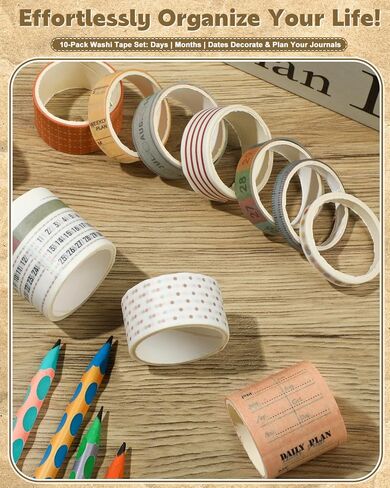 EORTA 10 Rolls Retro Calendar Washi Tapes, 5 Sizes Self-Adhesive Decorative Sticker for Daily Weekly Monthly Planner, Scrapbook, Journal & Bible Journaling, Dotted/Striped Craft Gift Wrap Tape in Saudi Arabia