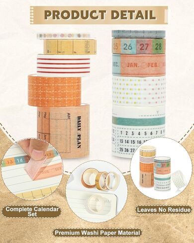 EORTA 10 Rolls Retro Calendar Washi Tapes, 5 Sizes Self-Adhesive Decorative Sticker for Daily Weekly Monthly Planner, Scrapbook, Journal & Bible Journaling, Dotted/Striped Craft Gift Wrap Tape in Saudi Arabia