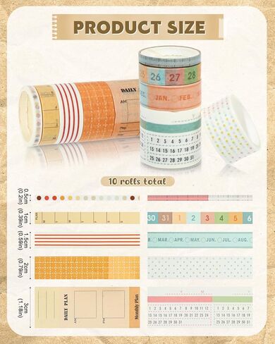 EORTA 10 Rolls Retro Calendar Washi Tapes, 5 Sizes Self-Adhesive Decorative Sticker for Daily Weekly Monthly Planner, Scrapbook, Journal & Bible Journaling, Dotted/Striped Craft Gift Wrap Tape in Saudi Arabia