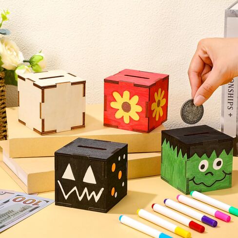 36 Pcs Unfinished Wooden Block Bank Unfinished Piggy Bank Set with Coloring Pens Blank Coin Box Crafts for Wood Piggy Banks Craft and Home Activities in Saudi Arabia