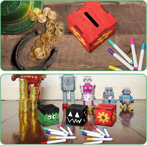 36 Pcs Unfinished Wooden Block Bank Unfinished Piggy Bank Set with Coloring Pens Blank Coin Box Crafts for Wood Piggy Banks Craft and Home Activities in Saudi Arabia