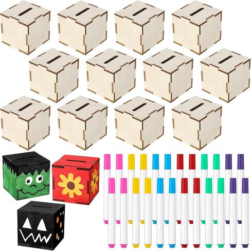 36 Pcs Unfinished Wooden Block Bank Unfinished Piggy Bank Set with Coloring Pens Blank Coin Box Crafts for Wood Piggy Banks Craft and Home Activities in Saudi Arabia
