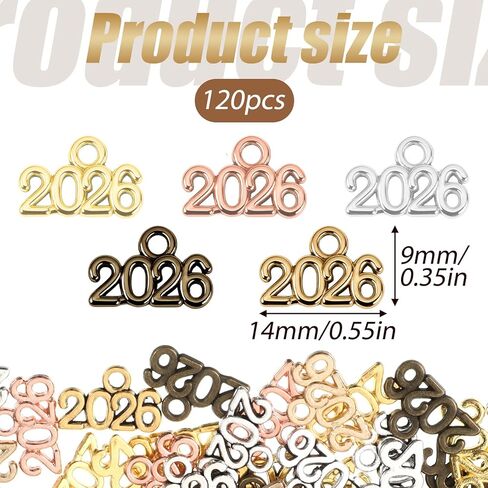 Thinp 120 قطعة 2026 سحر، 0.55 * 0.35 بوصة صغيرة 2026 عام سحر معدني عام Signet 2026-DIY قلادة سحر العام الجديد التخرج شرابة سحر للحرف اليدوية DIY صنع المجوهرات قلادة أساور سلسلة المفاتيح in Kuwait