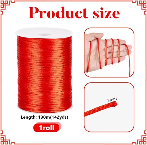 PH PandaHall 142 Yards 3mm Nylon Satin Cord, Red Rattail Satin Cord with Spool Nylon Thread Satin String for Braided Beading DIY Bracelets Jewelry Craft Chinese Knotting Lanyards Making in Kuwait