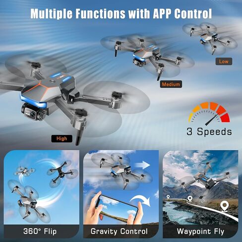 طائرة بدون طيار مع كاميرا، طائرة بدون طيار 1080 بكسل FPV قابلة للطي مع تثبيت ارتفاع ثابت، تحكم في الجاذبية، طيران المسار، عدسة قابلة للتعديل 90 درجة، مفتاح واحد للإقلاع، بطاريتان، لعبة طائرة بدون طيار RAGPIP X66 للأطفال البالغين المبتدئين in Kuwait