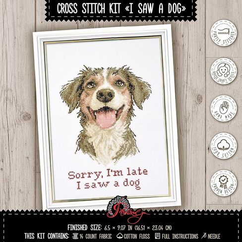 Povitrulya Cross Stitch Kit “Sorry I’m Late, I Saw a Dog" – Funny Counted Cross Stitch for Adults, Cute Puppy Design, DIY Embroidery Set, Craft Gift for Dog Lovers, 16ct Aida in Saudi Arabia