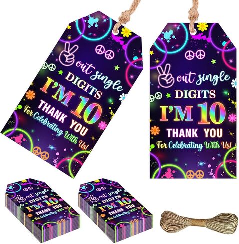 Serencatcher 50Pcs Out Single Digits I'm 10 Thank You Tags for Party Favors, Neon 10th Birthday Decorations Thank You Gift Tags with String Goodie Bag Name Tag for Boy 10th Birthday Party Supplies in Saudi Arabia