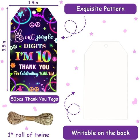 Serencatcher 50Pcs Out Single Digits I'm 10 Thank You Tags for Party Favors, Neon 10th Birthday Decorations Thank You Gift Tags with String Goodie Bag Name Tag for Boy 10th Birthday Party Supplies in Saudi Arabia