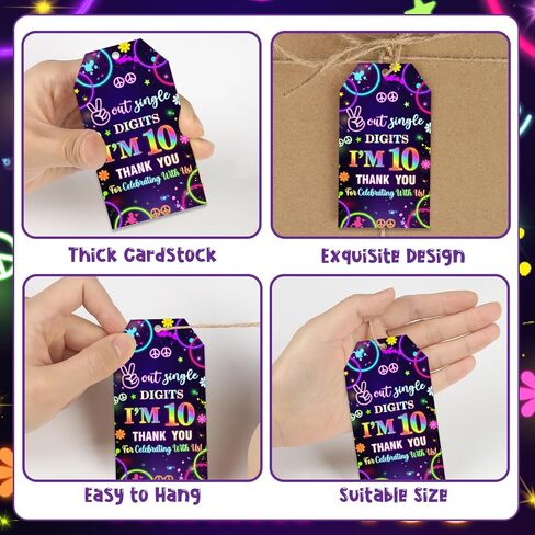 Serencatcher 50Pcs Out Single Digits I'm 10 Thank You Tags for Party Favors, Neon 10th Birthday Decorations Thank You Gift Tags with String Goodie Bag Name Tag for Boy 10th Birthday Party Supplies in Saudi Arabia