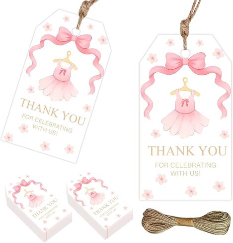 50Pcs Ballet Thank You Tags Ballerina Party Decorations Pink Bow Ballerina Dress Gift Tag with String for Girls Birthday Baby Shower Party Favors in Saudi Arabia