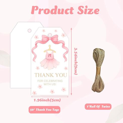 50Pcs Ballet Thank You Tags Ballerina Party Decorations Pink Bow Ballerina Dress Gift Tag with String for Girls Birthday Baby Shower Party Favors in Saudi Arabia